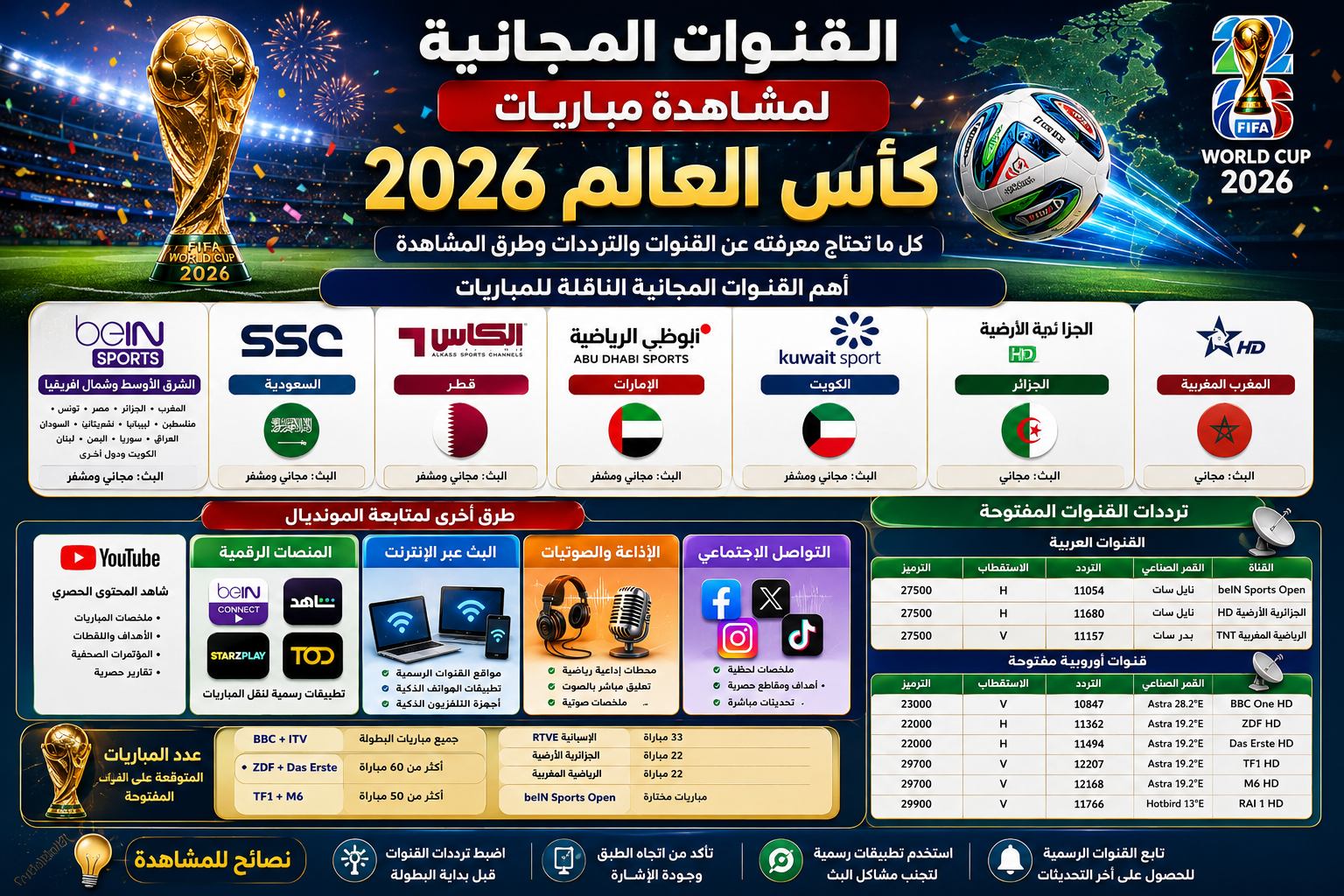 القنوات المجانية لمشاهدة مباريات كأس العالم 2026