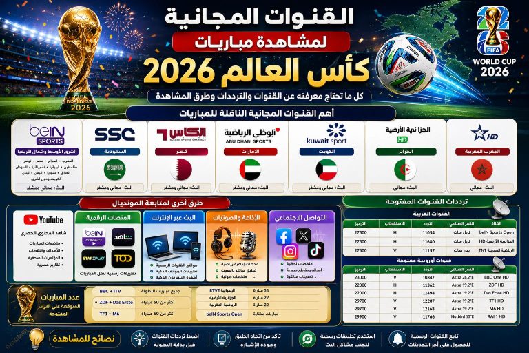 القنوات المجانية لمشاهدة مباريات كأس العالم 2026
